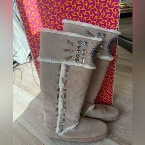 Tory Burch Embellished Tall Shearling Winter Boots